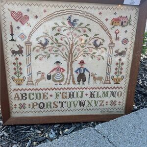Framed Vintage Cross Stitch Sampler Home Art in Brown and Cream